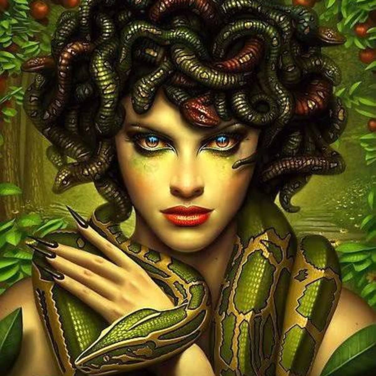 Greek Gorgon Sisters Goddess Medusa With Wild Snake Hair And LED