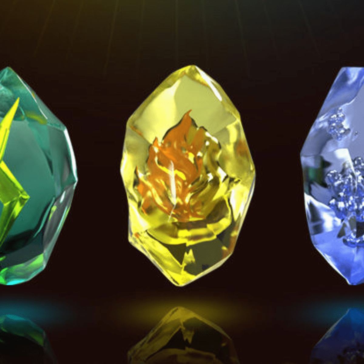 A shiny eevee presenting the three precious evolution stones