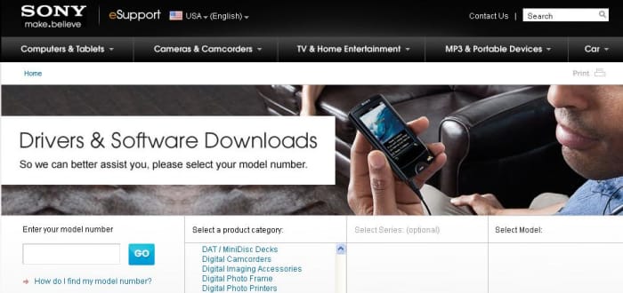 Navigate to the Sony Drivers and Support Web page. Select &quot;Digital Camcorders&quot; as your product category.