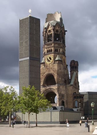 The ruins of the Kaiser Wilhelm Memorial Church in Berlin heavily damaged by Allied bombing during WWII and preserved as a monument.