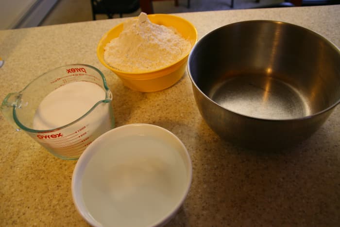 6 cups of flour, 3 cups of salt, and 3 cups of water make enough salt dough for a small volcano.