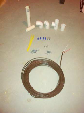 PVC pipe and fittings, wire nuts, spade terminals, screws, wire ties, and thermostat wire.