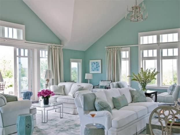 A beautiful and serene home d&eacute;cor idea with aqua blue walls and white furniture.