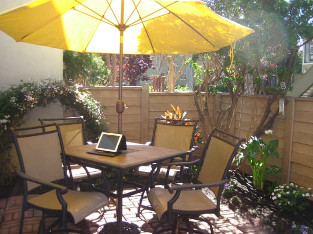 This side of the patio doesn't get much light, but enough that I need shade for sun protection. I can lower the umbrella when I leave to give more sun to plants. (Cape honeysuckle in back corner attracts hummingbirds.)