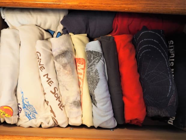 Shirts in drawer, folded Mari Kondo style
