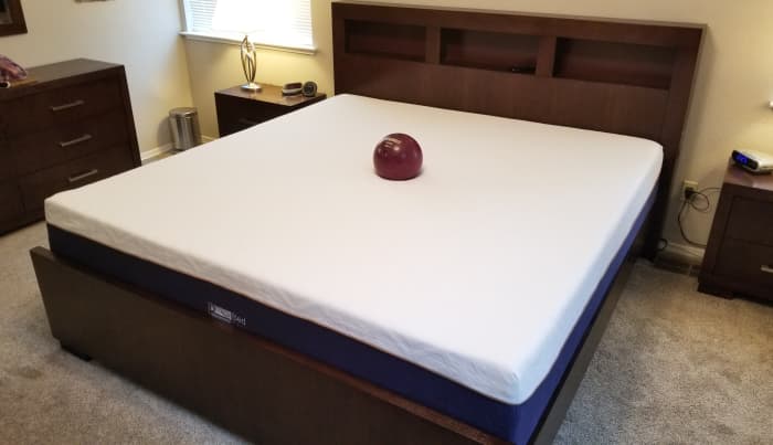 Here's the bed after it sat long enough to become fully expanded, along with my bowling ball in the middle!