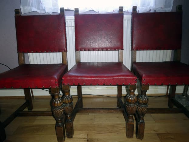 Four ornate chairs in our dining room which were surplus to the needs of the local university&rsquo;s Chaplaincy.