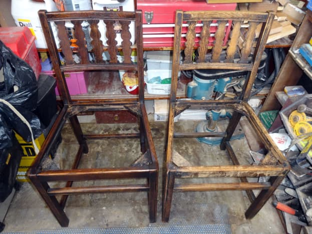 Chairs after being cleaned with the pressure washer:  Left, re-stained with wood dye, and right, chair waiting to be re-stained.