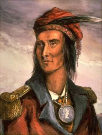 A popular image of Tecumseh he often wore a silver ring through his septum. By Benson Lossing in 1840 based on 1808 drawing.