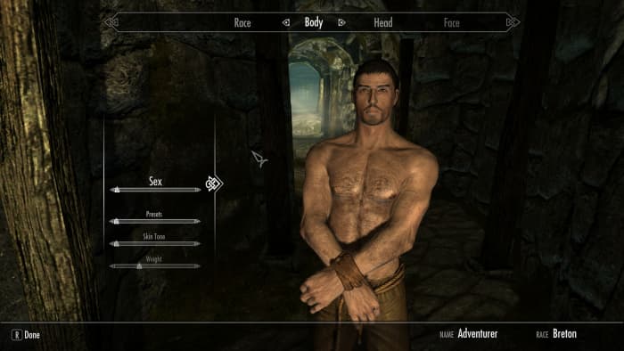 Vanilla Skyrim Player Character before body model mods have been installed.