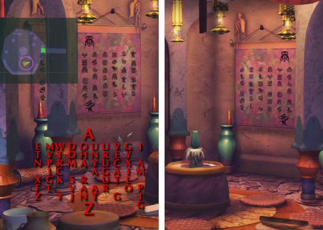 Besaid Temple: two side rooms, with same inscription on the wall. I always assumed this was the Teachings of Yevon, but in the original game it was illegible. The signs are grouped to suggest words or sentences (if they're being used as concepts).