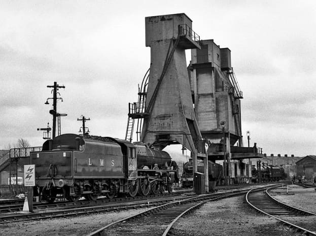 Carnforth, Lancashire in pre-Nationalisation days  with 5690 'Leander' in LMS livery - Carnforth now plays host to preserved locomotives across the country