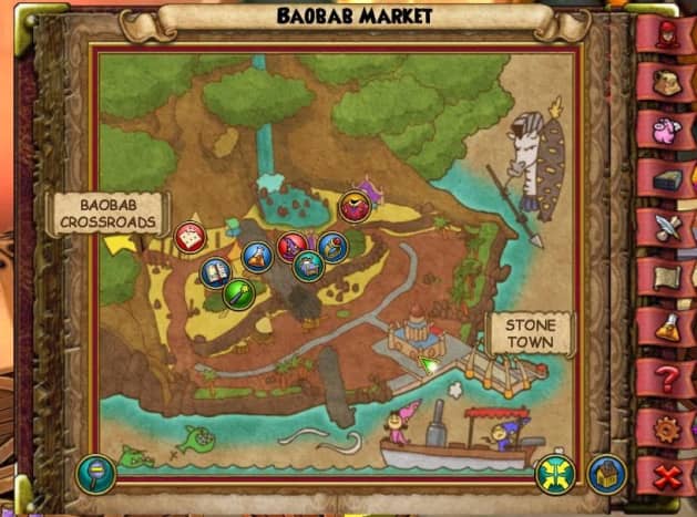 The Monkey in the Baobab Market is sitting behind the building that is by the dock, in between some boxes.