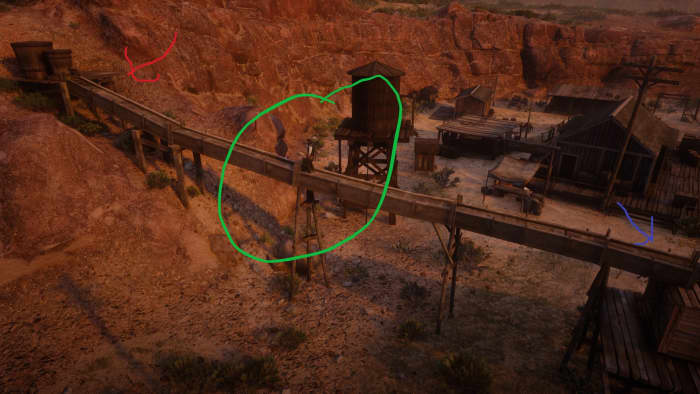If you like precision parkour follow the red arrow. If you like climbing take the blue arrow. Either way the green circle is where the map is in the not-so-perfect green circle. 