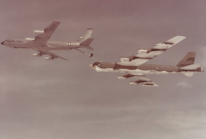 A KC-135 refueling a B-52, 1978.