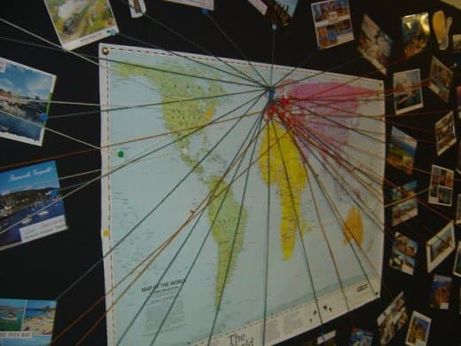 A superb display of cards traced to their origin on a map of the world.  Attractive and informative. From Flickr: http://www.flickr.com/photos/tonycassidy/1413257353/