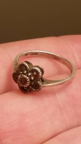 A marcasite ring found while metal detecting a curb strip.