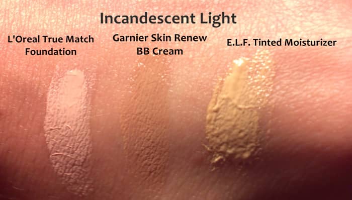 Samples of BB cream, foundation, and tinted moisturizer under incandescent light.