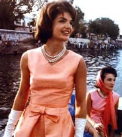 Jacqueline Kennedy in her favorite triple strand pearl necklace