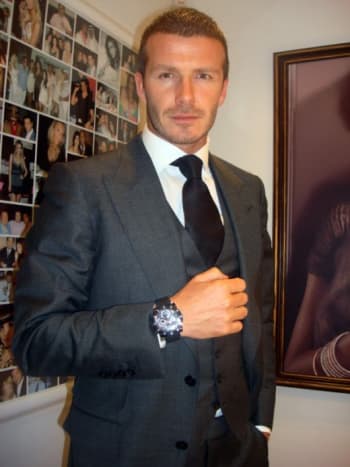 Beckham in another Jacob &amp; Co. watch, this with a round face.