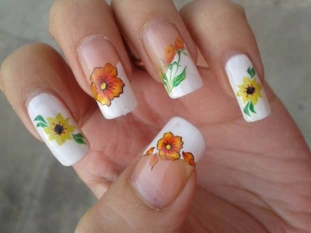 Yellow Flower Water Decals with French Manicure