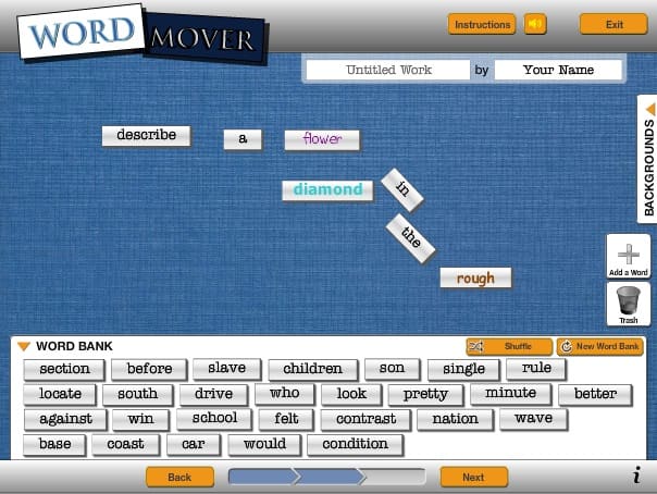 The various features of ReadWriteThink: Word Mover interactive.