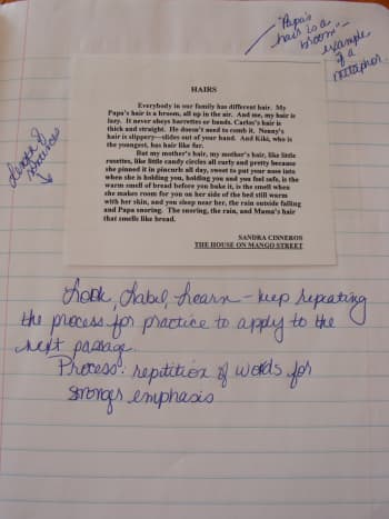 Examples of mentor text in a notebook. Annotations help the writer to remember what to include in his or her next writing.