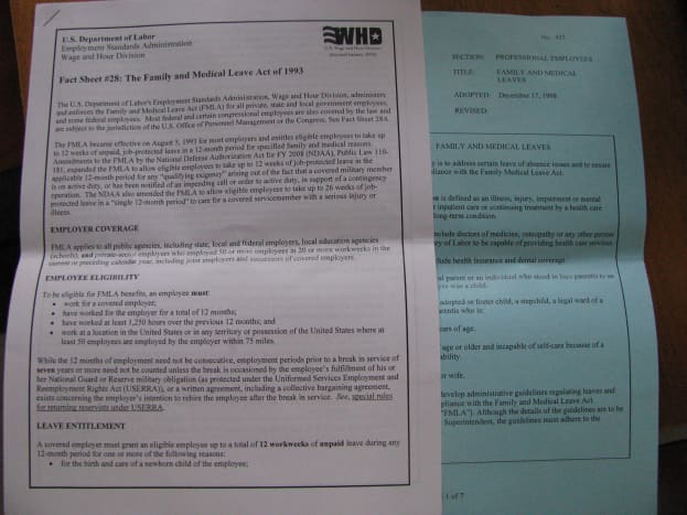 Forms such as these may be given to an employee by an employer. The blue sheet is an example of a company's proof of  compliance with FMLA and their corresponding guidelines. 