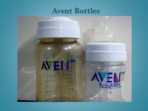 Two Avent bottles of different sizes. One is tinted, as many Avent bottles are. 