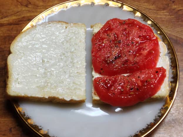 Tomato sandwich made with Duke's mayo on sourdough bread