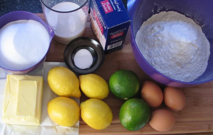 Lemon and lime cake ingredients - castor sugar, buttermilk, salt, bicarbonate of soda, icing sugar, flour, butter, lemons, limes, eggs. Not pictured - vanilla essence.