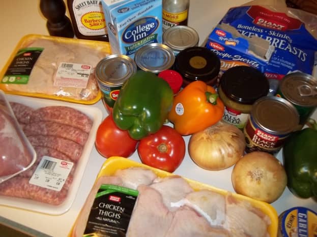 All of the ingredients for the five Crock-Pot freezer meals.