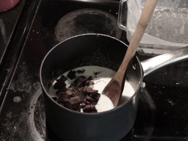 Add chocolate to melted butter in saucepan.