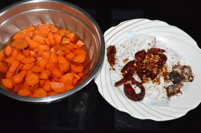 1. Boil diced carrots. Keep ready the other ingredients as per instructions.