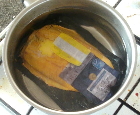 Bagged kippers are simmered in water.