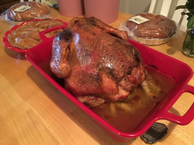 My first Thanksgiving turkey. I went a little overboard on the butter; I think I used three sticks. I have since learned that two is plenty sufficient. The drippings did make for some fantastic gravy, though.  