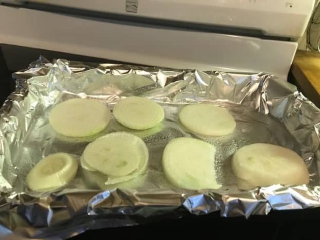 Put sliced onion in roasting pan.