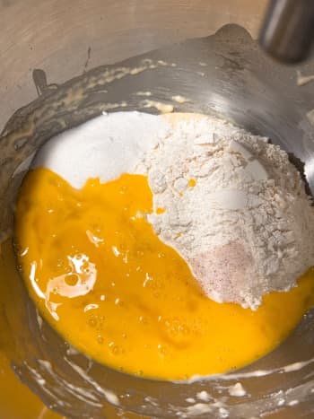 Combine remaining eggs, flour, sugar, salt, and vanilla essence.