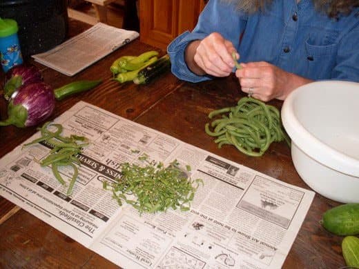 Snap the ends off the beans, and remove any strings. Break into pieces, if desired. If you like eating whole green beans, leave them whole.