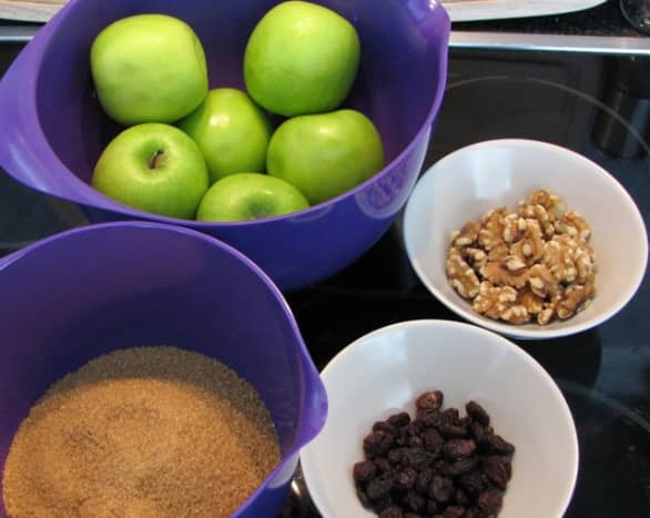 The filling ingredients - apples, walnuts, sultanas (plus the sugar for the toffee).