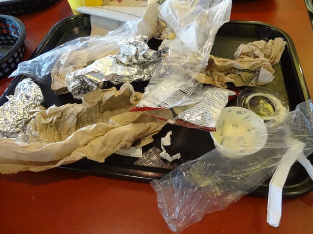 All the paper products and packaging can really add up.  This was from just three people during one meal.  