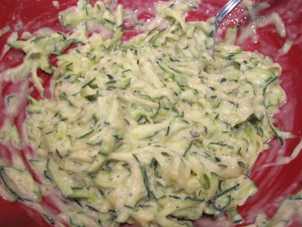 This is what the batter looks like once the zucchini is mixed in.