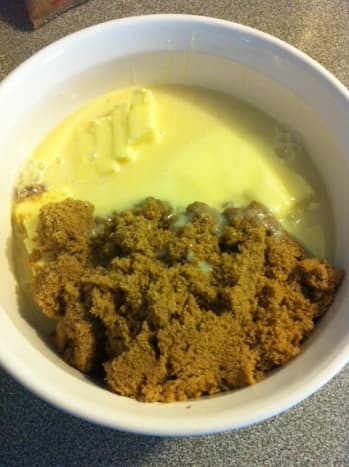 Brown sugar, condensed milk and butter going in the microwave