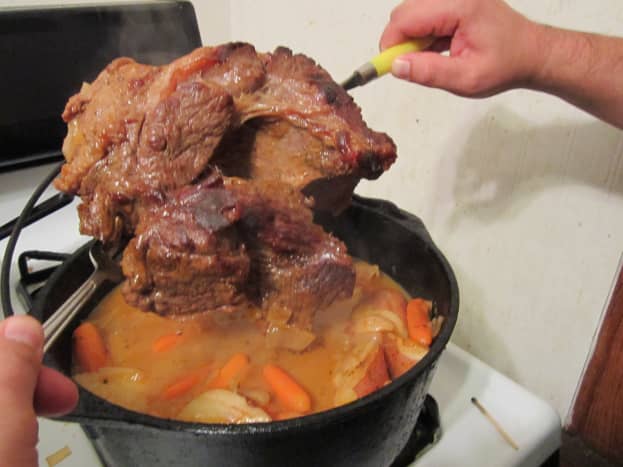 Flip or turn over the pot roast after 2 hours. Mix the stock lightly.