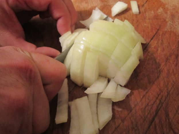 Chopping the onions.