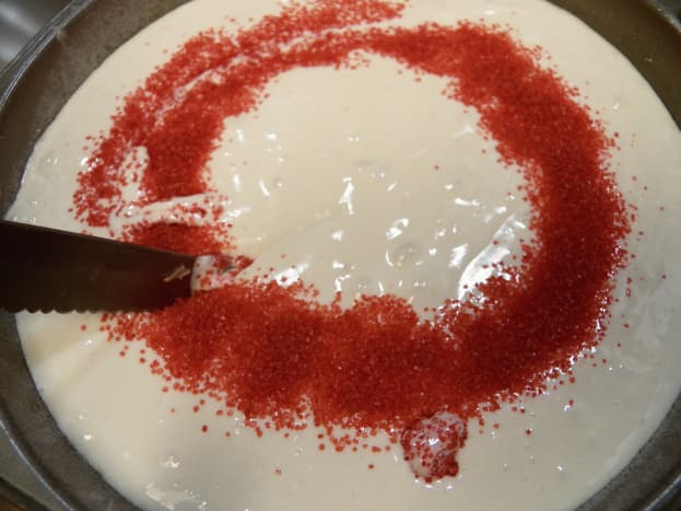 Cake pan batter with sprinkles. After sprinkling on in a circle, use a knife to cut through and make swirls. You can also add crushed peppermints.