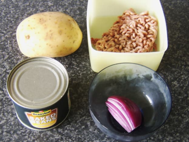 Principal ingredients for mince and beans baked potato