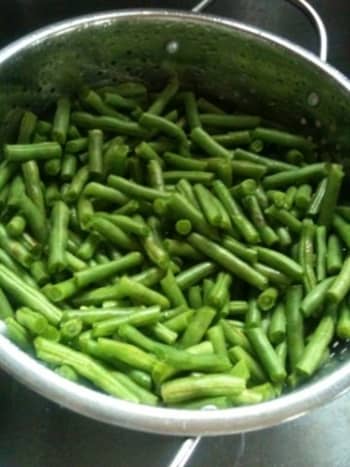 Snapped green beans waiting to be canned.