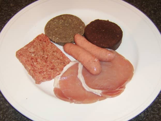 Meat components of an all-day Scottish breakfast.