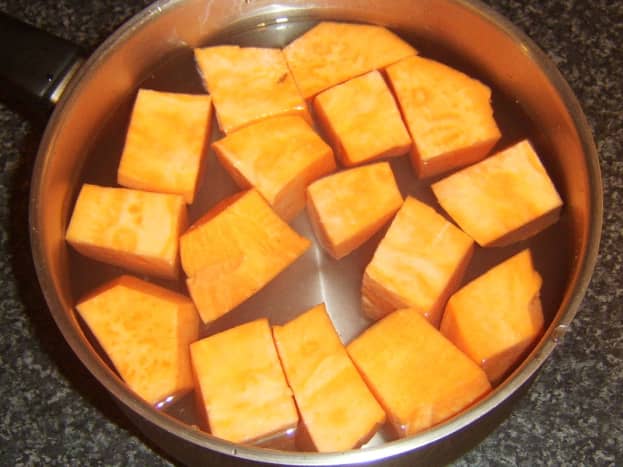 Sweet potato chopped and ready for boiling